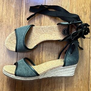 NEW UGG Australia Amell Open Toe Canvas Lace Up Jute Wedge 1014955 Black